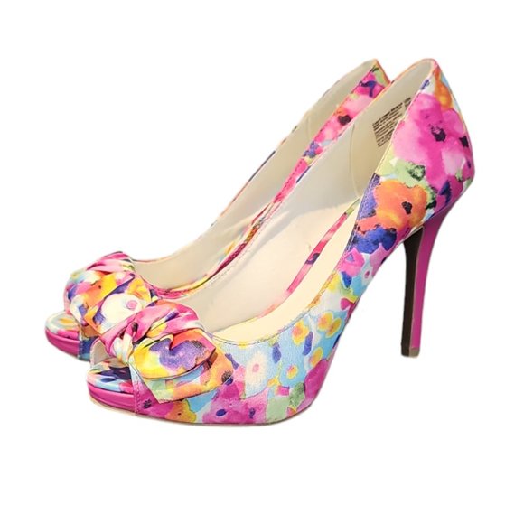 FIONI Clothing Shoes - Fioni Pink Multicolor Floral Print Bow Peep Toe Stiletto Heels Women's Size 7.5